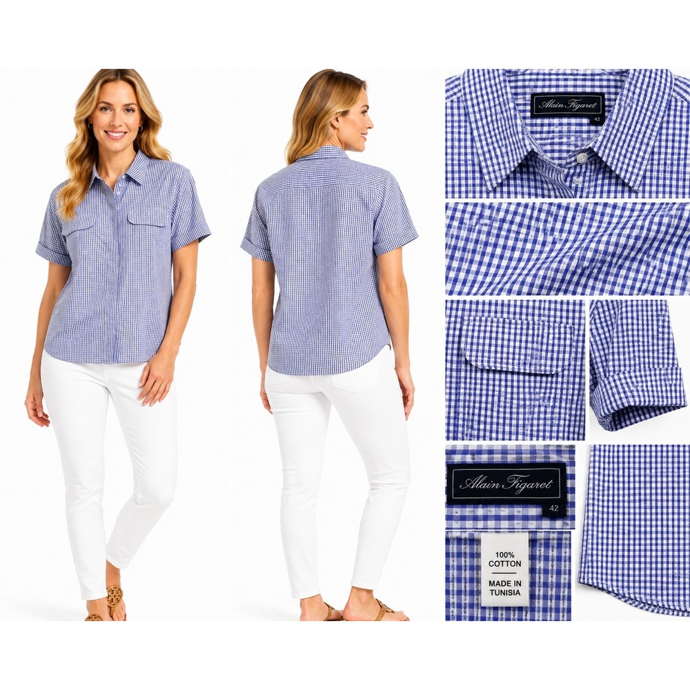 Alain Figaret Shirt Womens 42 Blue Gingham Check Short Sleeve Button Down France